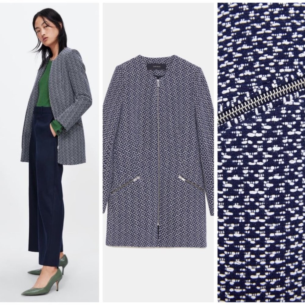 ZARA BLUE TEXTURED FROCK COAT WITH ZIPS BRAND NEW WITH TAGS MEDIUM